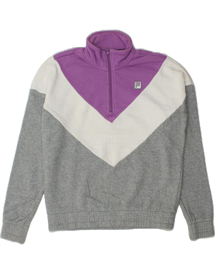 FILA Womens Oversized Sweatshirt Jumper UK 10 Small Grey Colourblock Vintage Fila and Second-Hand Fila from Messina Hembry 