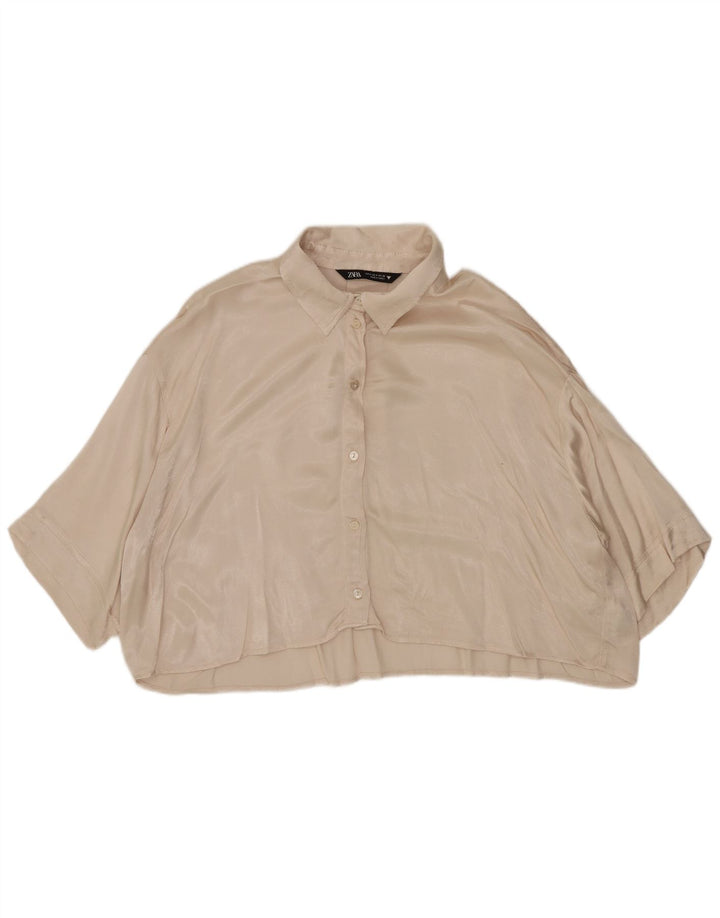Zara Damen Crop Übergroße Hemdbluse UK 10 Small Beige Viskose