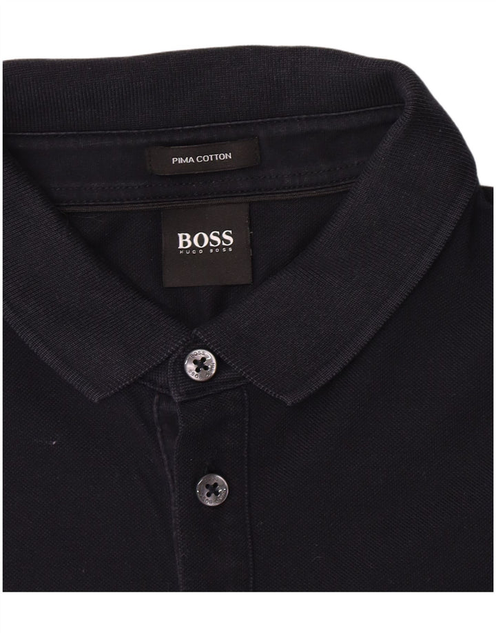 Hugo Boss Herren-Langarm-Poloshirt, mittelmarineblaue Baumwolle
