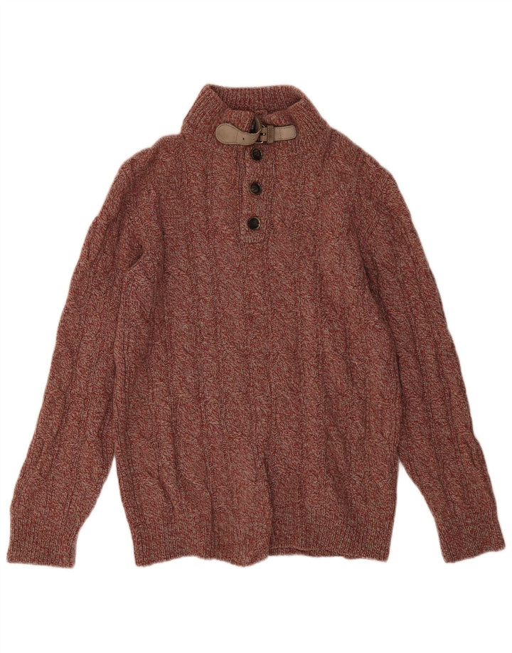 Massimo Dutti Herren-Pullover mit Knopfkragen, klein, rot gesprenkelte Wolle