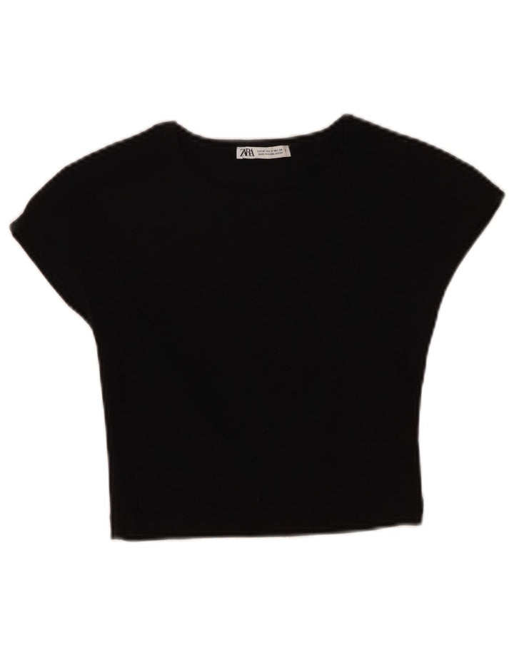 Zara Damen Crop T-Shirt Top UK 12 Medium Schwarz Baumwolle