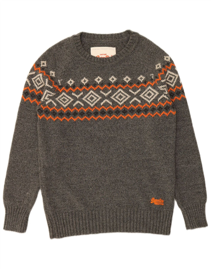 Superdry Herren-Pullover mit Rundhalsausschnitt, Mittelgrau, geometrisches Acryl