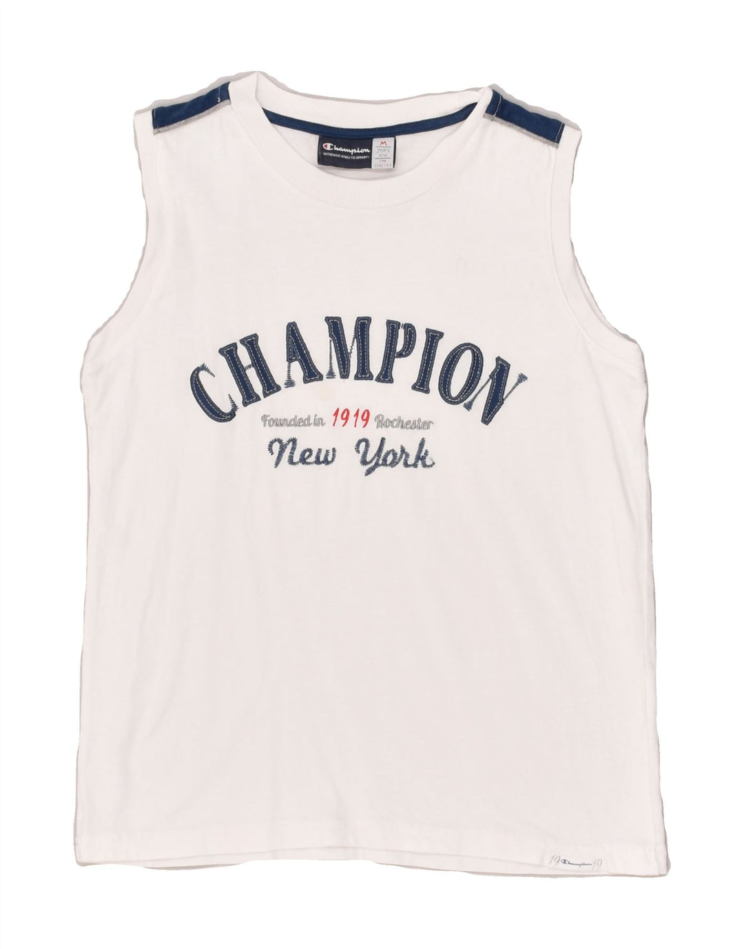 CHAMPION Boys Graphic Vest Top 9-10 Years Medium White | Vintage Champion | Thrift | Second-Hand Champion | Used Clothing | Messina Hembry 