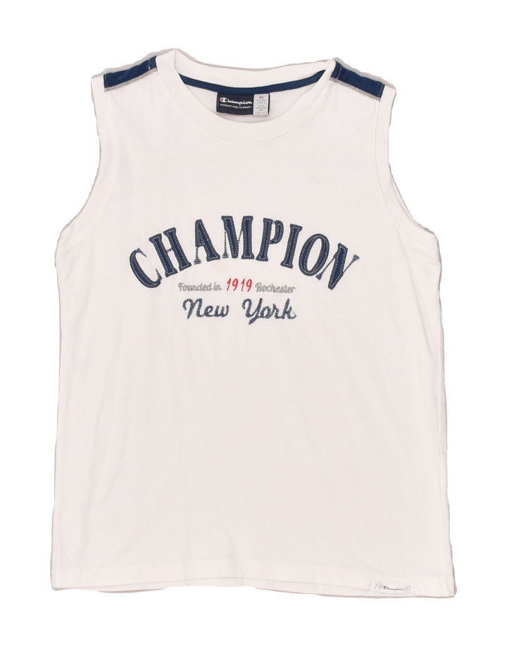 CHAMPION Boys Graphic Vest Top 9-10 Years Medium White | Vintage Champion | Thrift | Second-Hand Champion | Used Clothing | Messina Hembry 