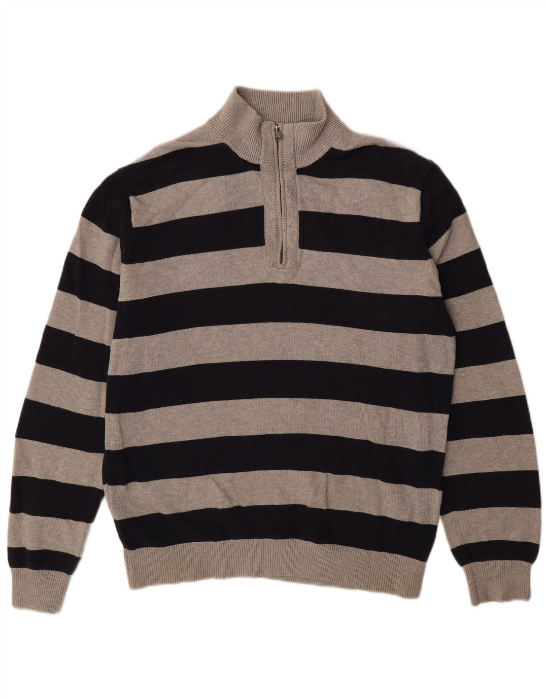 TOMMY HILFIGER Mens Zip Neck Jumper Sweater XL Black Striped Cotton