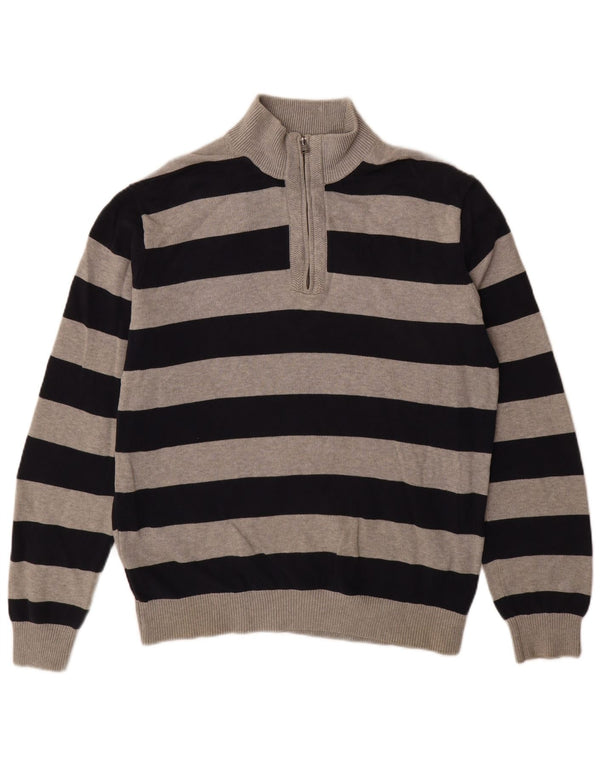 TOMMY HILFIGER Mens Zip Neck Jumper Sweater XL Black Striped Cotton