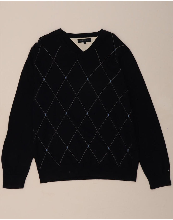 TOMMY HILFIGER Mens V-Neck Jumper Sweater Large Navy Blue Argyle/Diamond Vintage Tommy Hilfiger and Second-Hand Tommy Hilfiger from Messina Hembry 