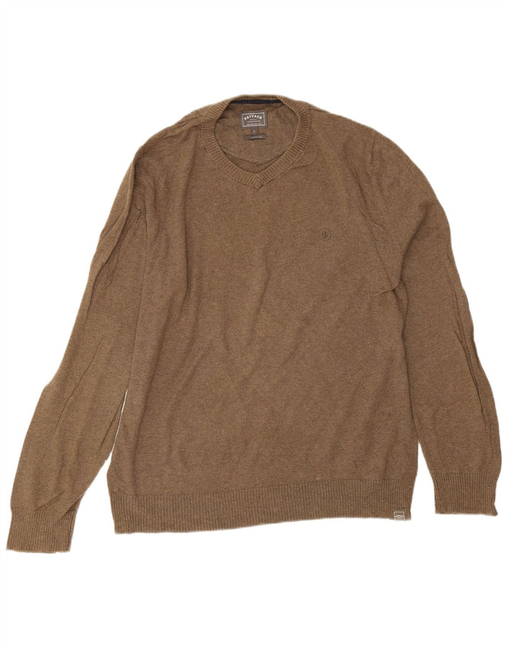 Fat Face Herren-Pullover mit V-Ausschnitt, groß, braune Baumwolle