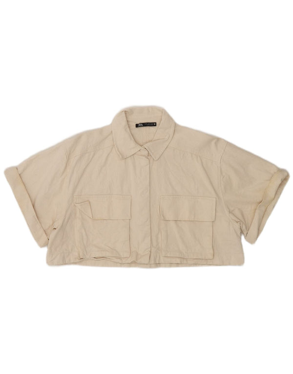 Zara Damen Kurzarm-Crop-Hemd UK 14 Mittelbeige Baumwolle