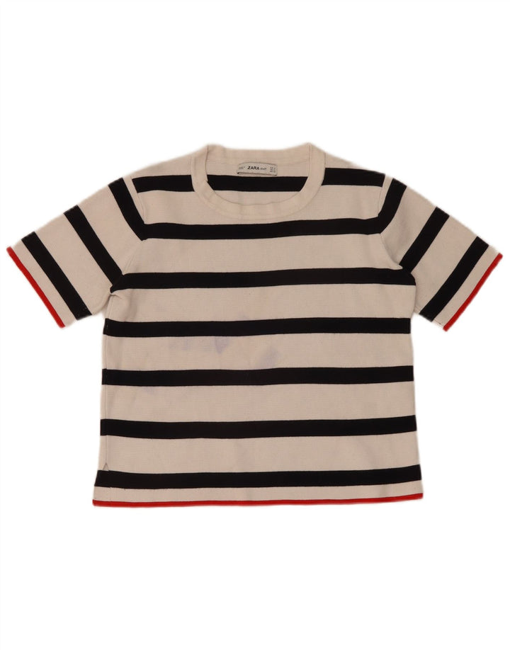 Zara Damen Crop Crew Neck Pullover Pullover UK 12 Mittelweiß gestreift