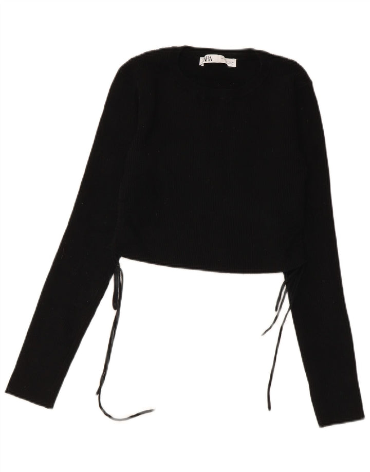 Zara Damen Crop Top Langarm UK 14 Large Schwarz
