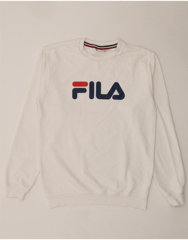 FILA Mens Graphic Sweatshirt Jumper Small White Cotton Vintage Fila and Second-Hand Fila from Messina Hembry 
