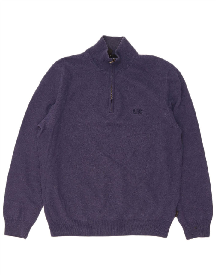 Hugo Boss Herren-Pullover mit Reißverschluss am Hals, groß, marineblaue Schurwolle
