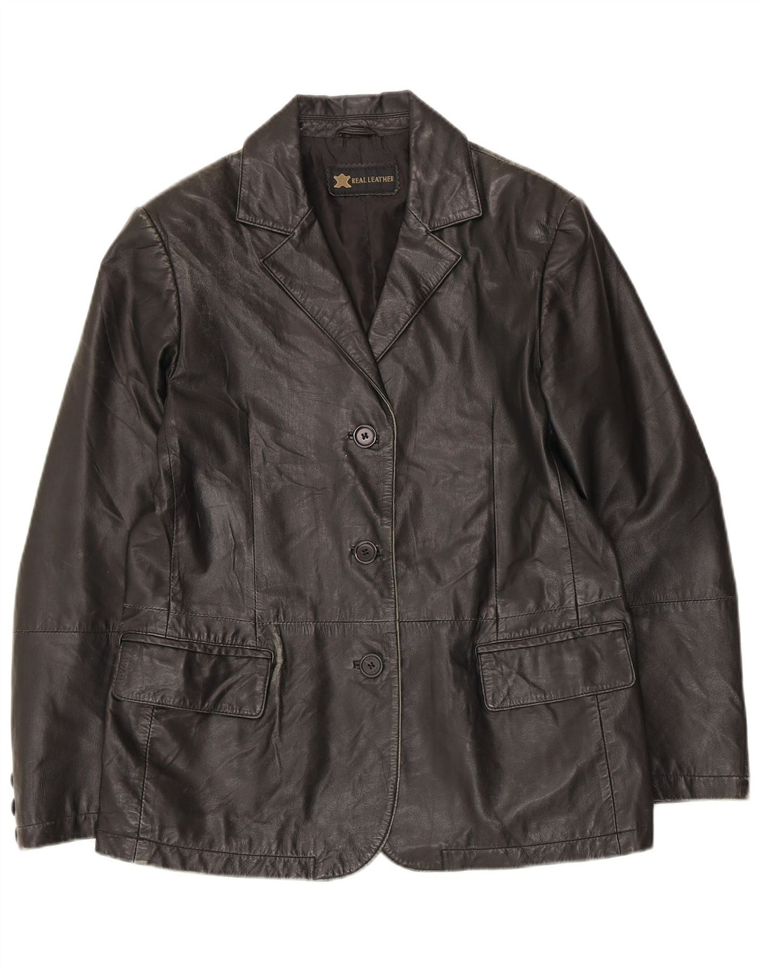 Vintage Damen 3-Knopf-Lederblazerjacke UK 14 Mittelschwarzes Leder