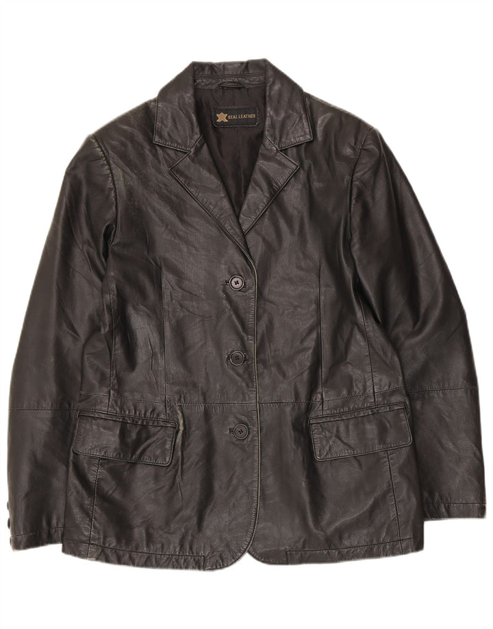 Vintage Damen 3-Knopf-Lederblazerjacke UK 14 Mittelschwarzes Leder