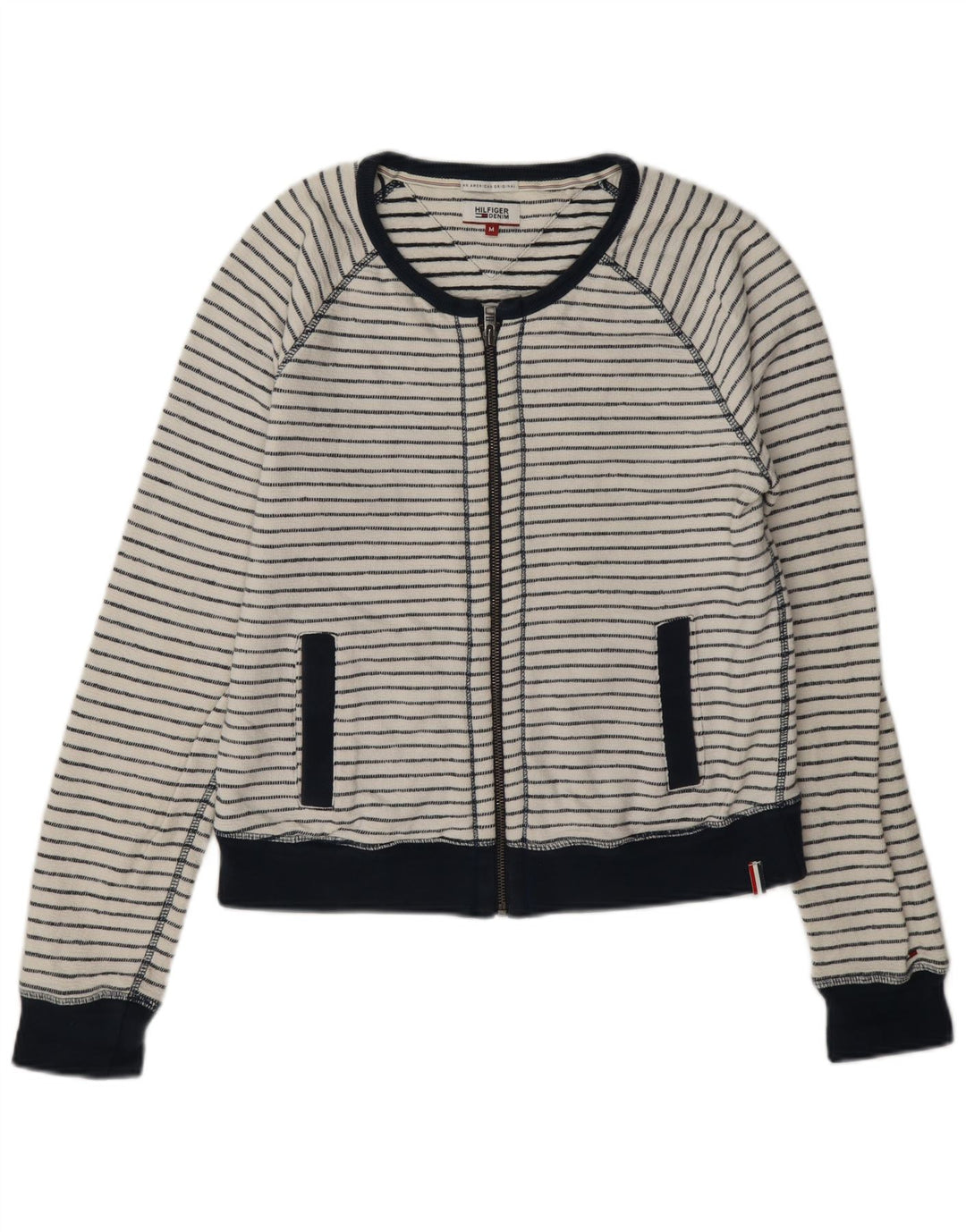 Tommy Hilfiger Damen-Trainingsanzug-Oberteiljacke UK 14 Mittelweiß gestreift