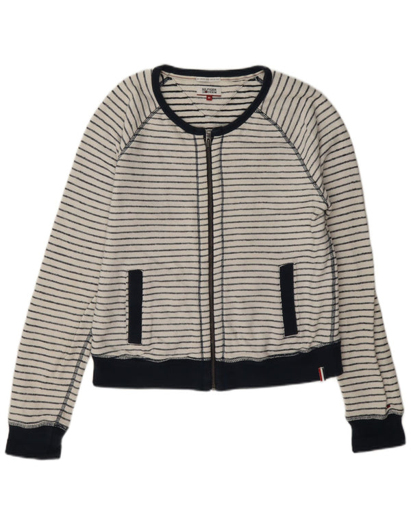 Tommy Hilfiger Damen-Trainingsanzug-Oberteiljacke UK 14 Mittelweiß gestreift