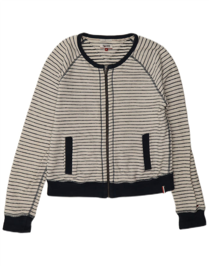 Tommy Hilfiger Damen-Trainingsanzug-Oberteiljacke UK 14 Mittelweiß gestreift