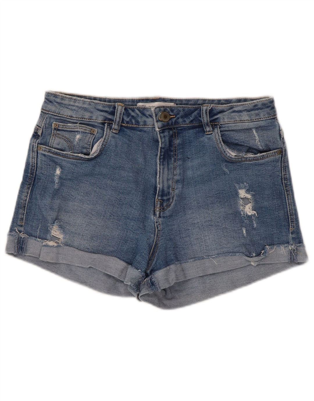 Zara Damen Trafaluc Distressed Denim Shorts EU 40 Medium W30 Blaue Baumwolle