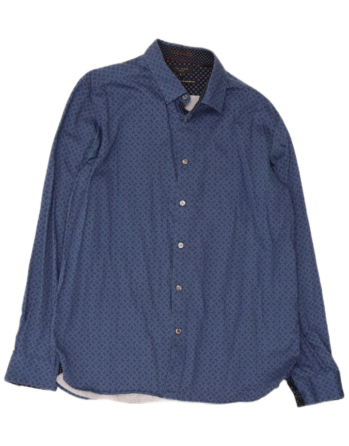 Ted Baker Herrenhemd Größe 5 XL Blaue geometrische Baumwolle