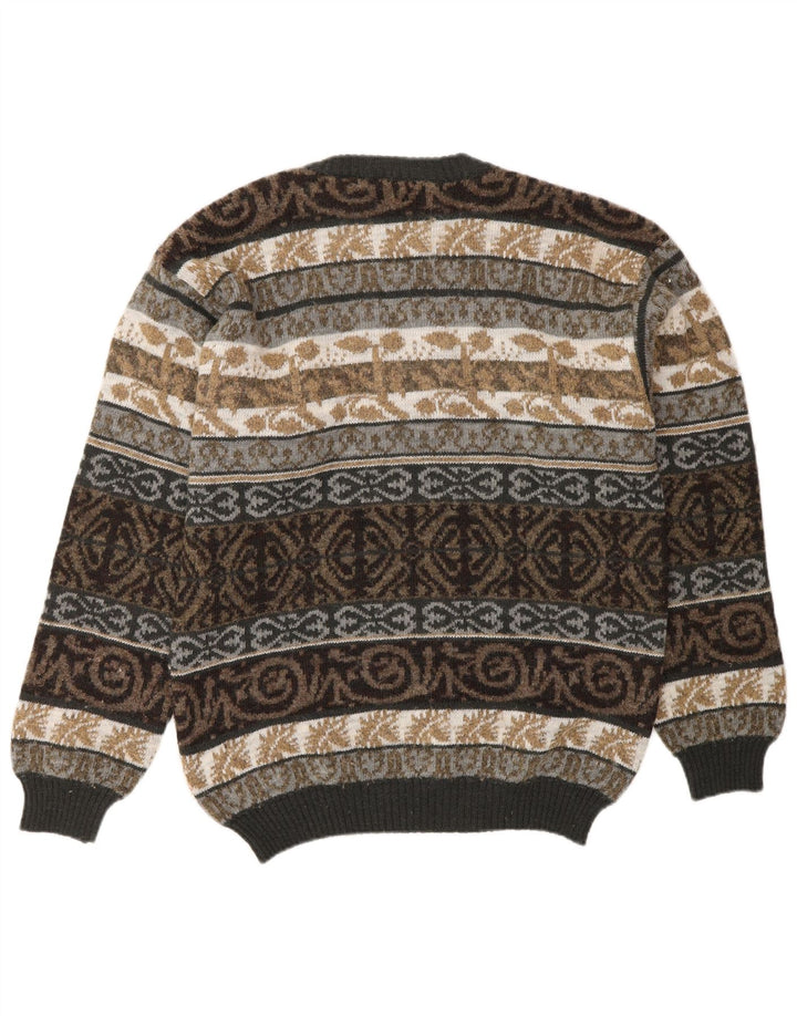 VINTAGE Herren-Pullover mit Rundhalsausschnitt, mittelgroße, mehrfarbige Fair-Isle-Wolle
