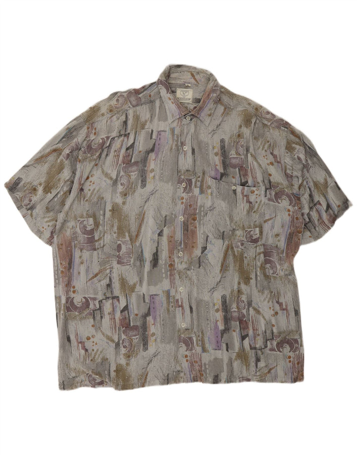 VINTAGE Herren Hemd mit abstraktem Muster, kurzärmelig, XL, grau, Viskose, Retro