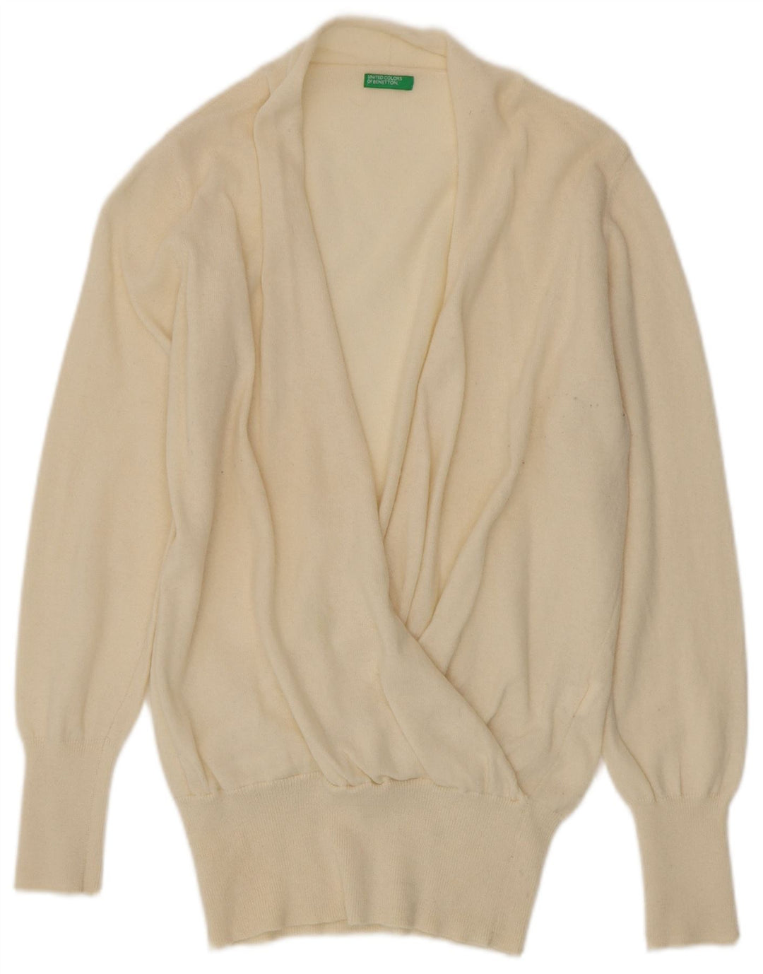 BENETTON Damen-Pullover mit V-Ausschnitt, UK 16, Größe L, cremefarbene Wolle