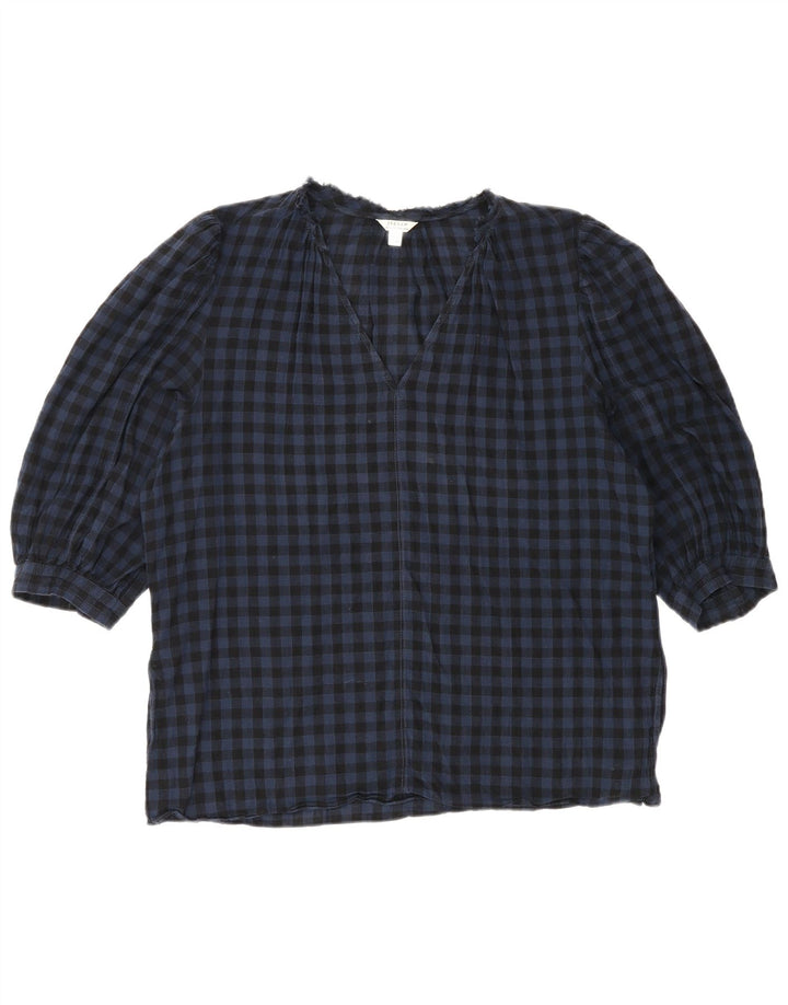 Jigsaw Damen-Blusenoberteil mit 3/4-Ärmeln, UK-Größe 12, mittelblaue Gingham-Baumwolle