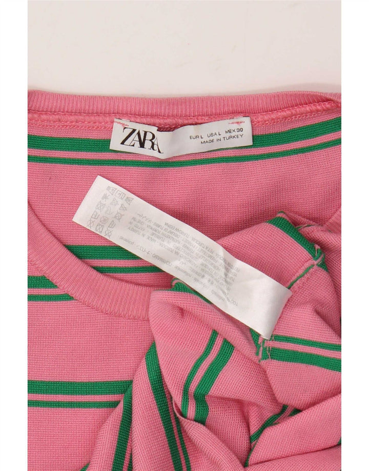 Zara Damen Crop Top Langarm UK 14 Großes rosa gestreiftes Polyamid