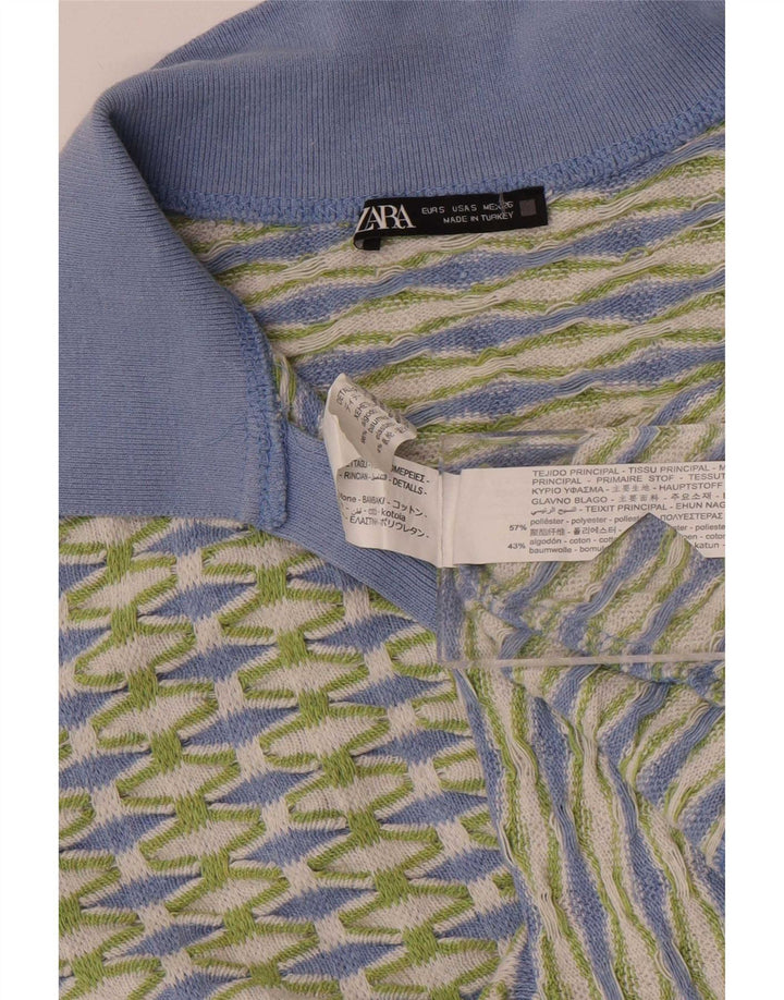Zara Damen Crop Poloshirt UK 10 Small Grün Geometrisch Polyester