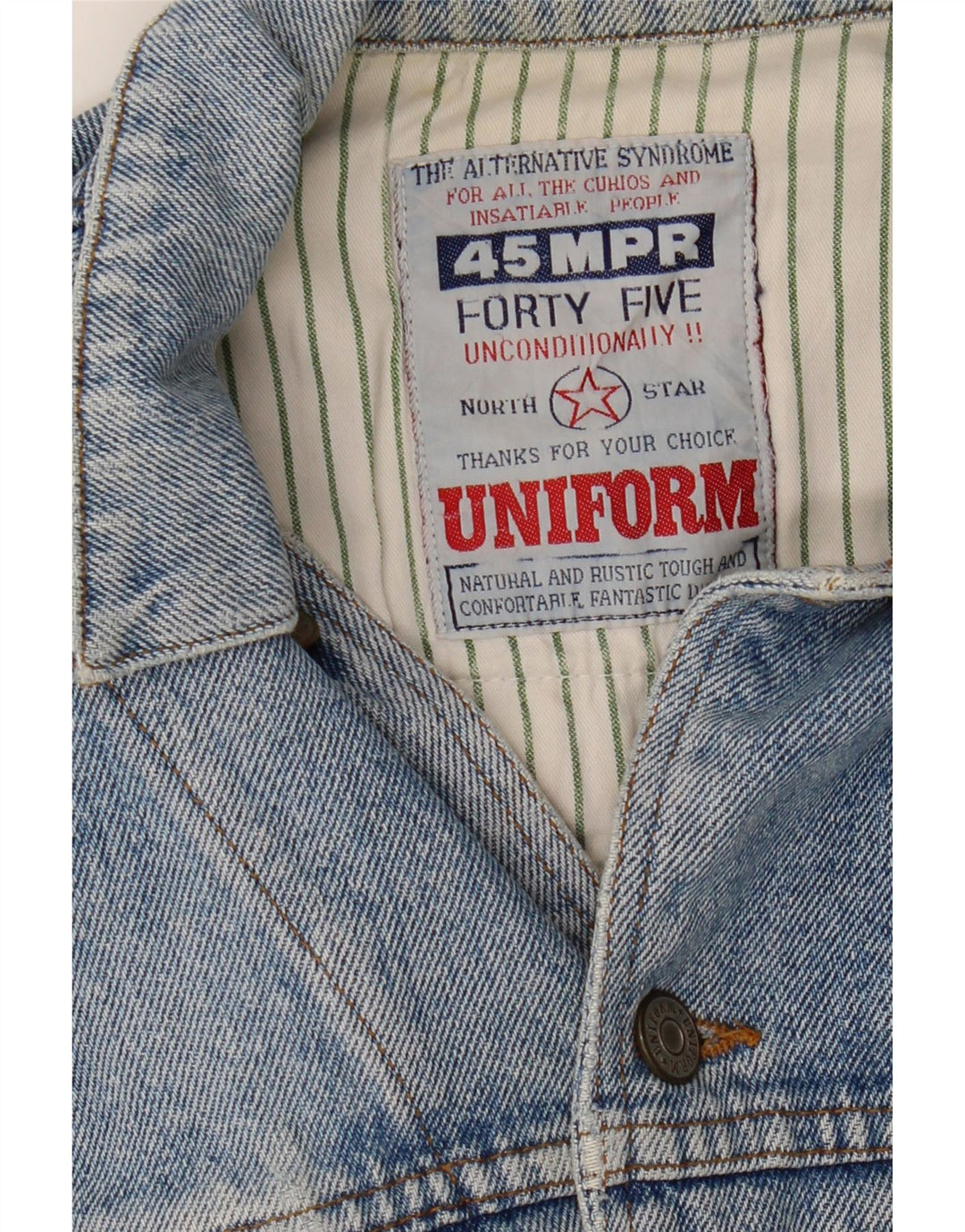 UNIFORM Damen Crop Graphic Jeansjacke UK 14 Large Blau