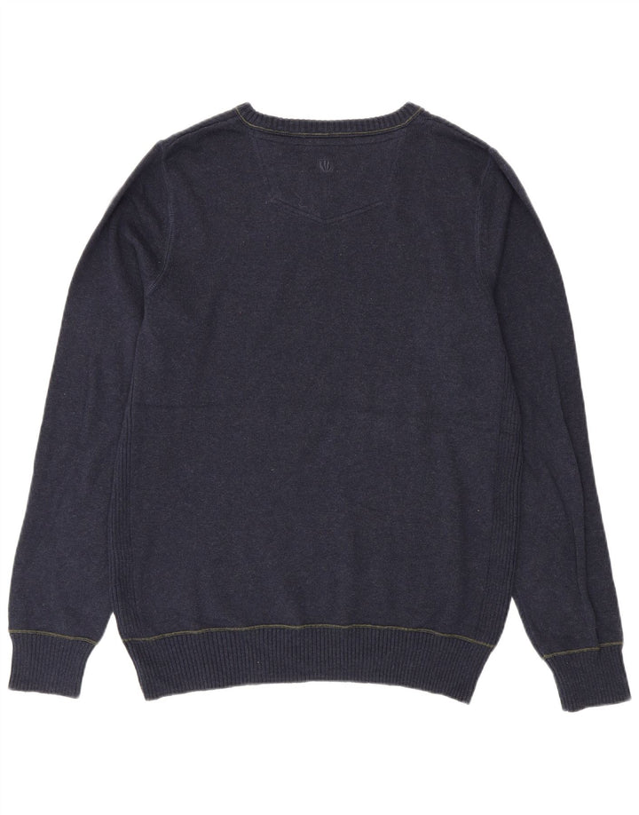 Fat Face Herren-Pullover mit V-Ausschnitt aus mittelblauer Baumwolle