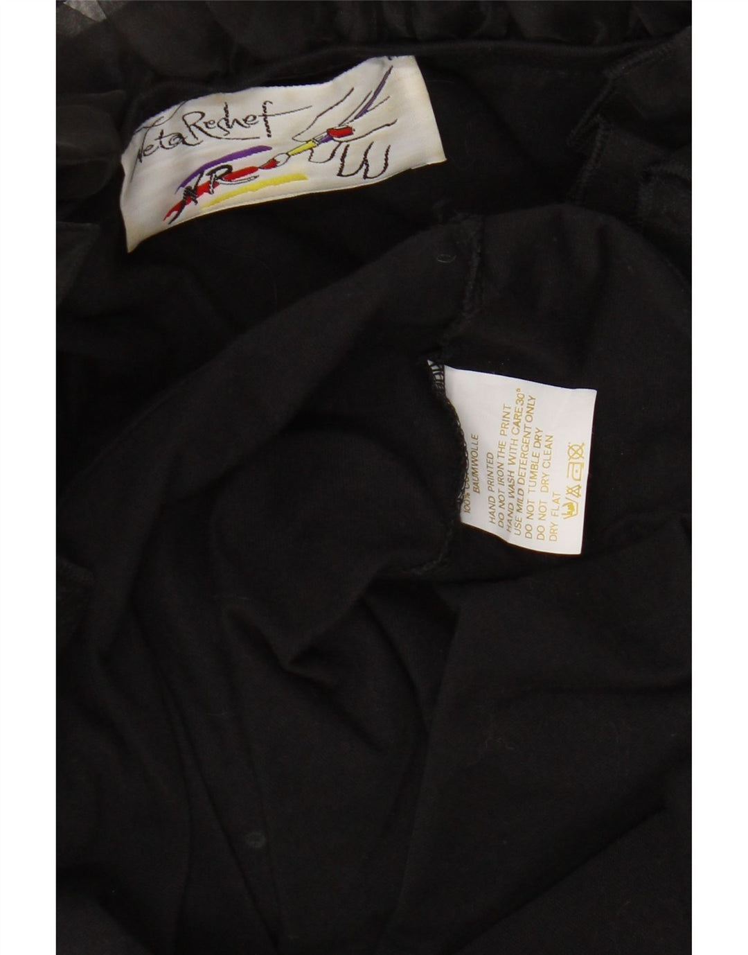 Vintage Damen Langarm-Tunika-Top mit Rüschen vorne, UK 16, große schwarze Baumwolle