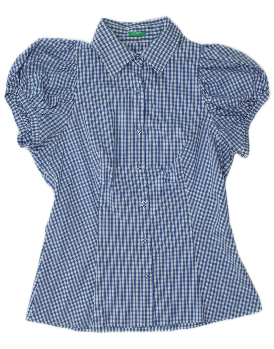 BENETTON Damen Kurzarm-Hemdbluse UK 12 Mittelblauer Gingham