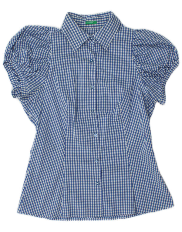 BENETTON Damen Kurzarm-Hemdbluse UK 12 Mittelblauer Gingham