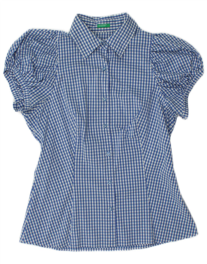 BENETTON Damen Kurzarm-Hemdbluse UK 12 Mittelblauer Gingham