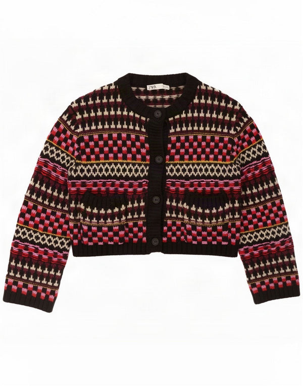 Zara Damen Crop Cardigan Pullover UK 16 Large Mehrfarbig Geometrisch