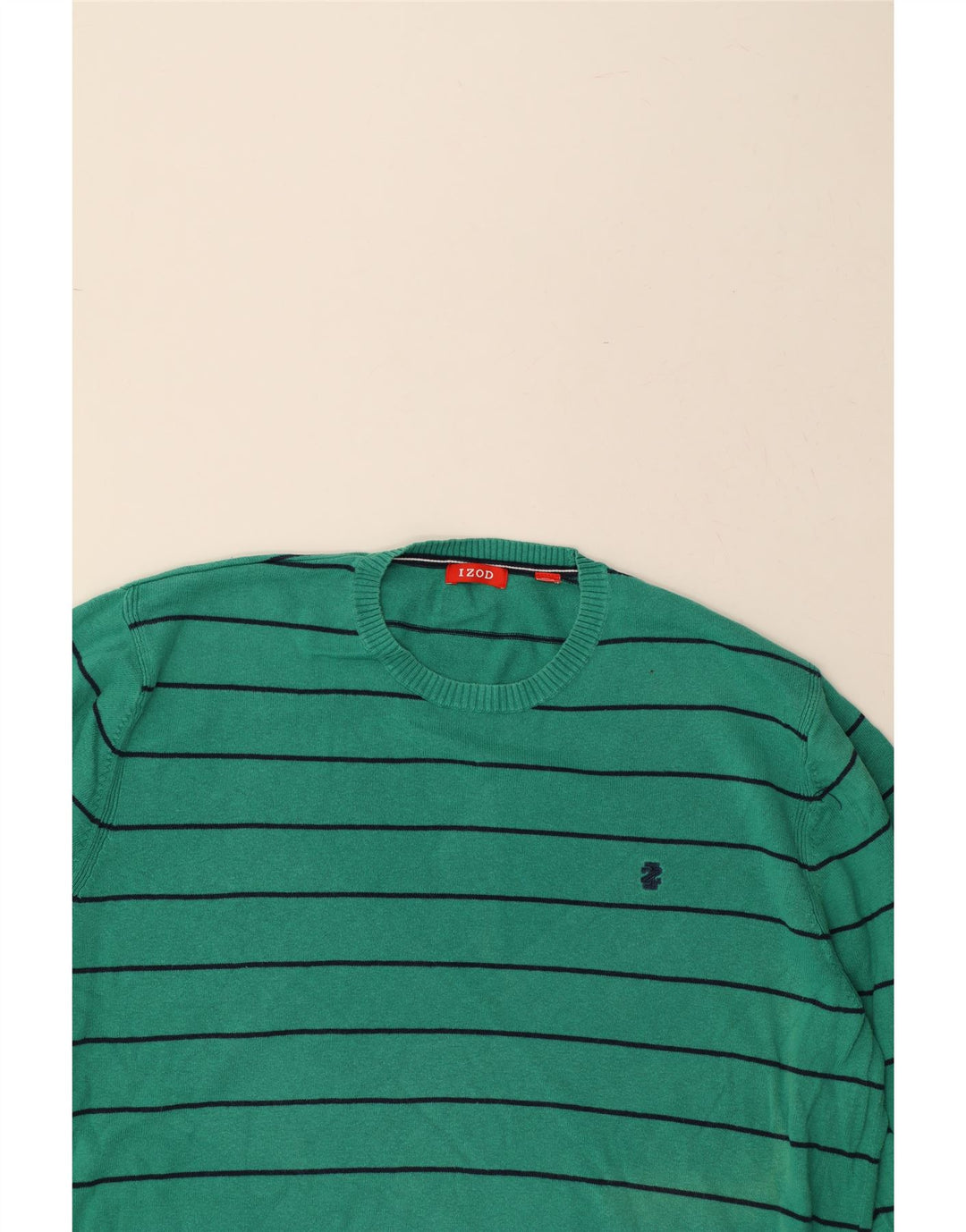IZOD Mens Crew Neck Jumper Sweater Large Green Striped Cotton Vintage Izod and Second-Hand Izod from Messina Hembry 
