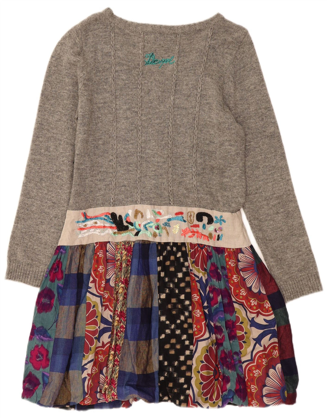 DESIGUAL Damen Langarm-Pulloverkleid EU 44 XL Graues Patchwork-Leinen