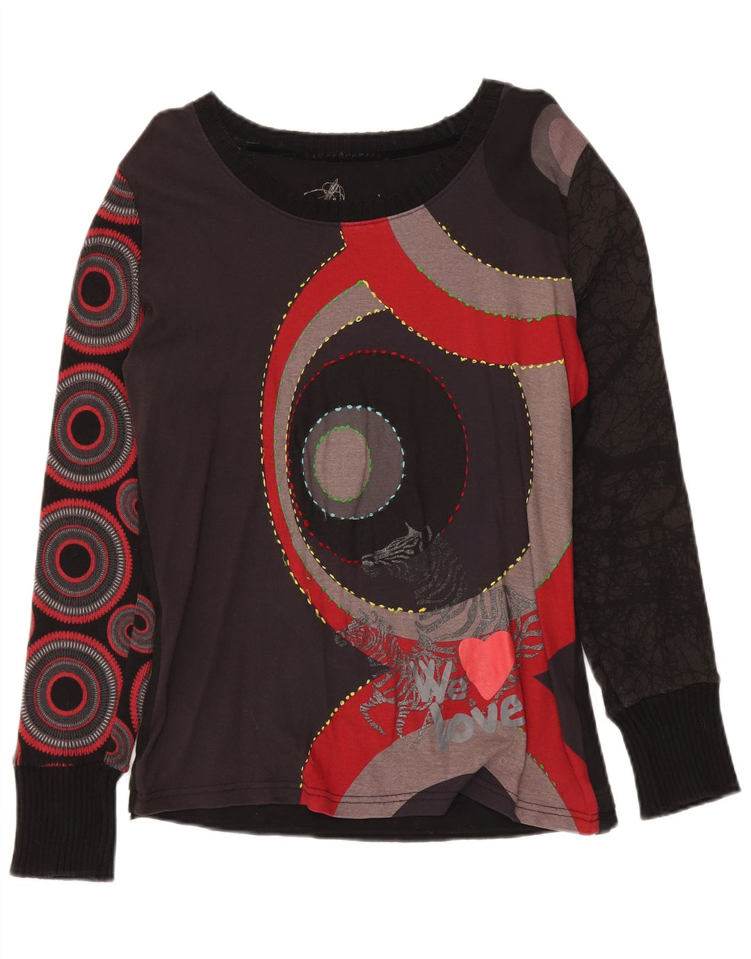 Desigual Damen Graphic Top Langarm UK 20 2XL Schwarz Geometrisch