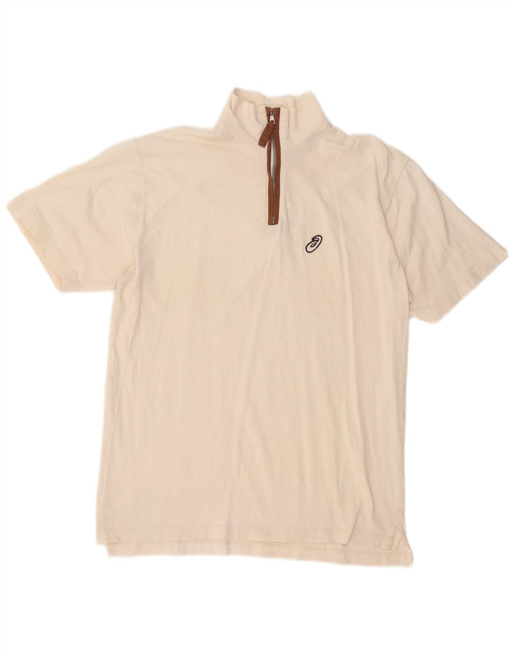 ASICS Herren-T-Shirt mit Reißverschluss am Hals, Größe L, gebrochenes Weiß