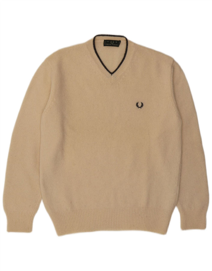 Fred Perry Herren-Pullover mit V-Ausschnitt, große beige Wolle