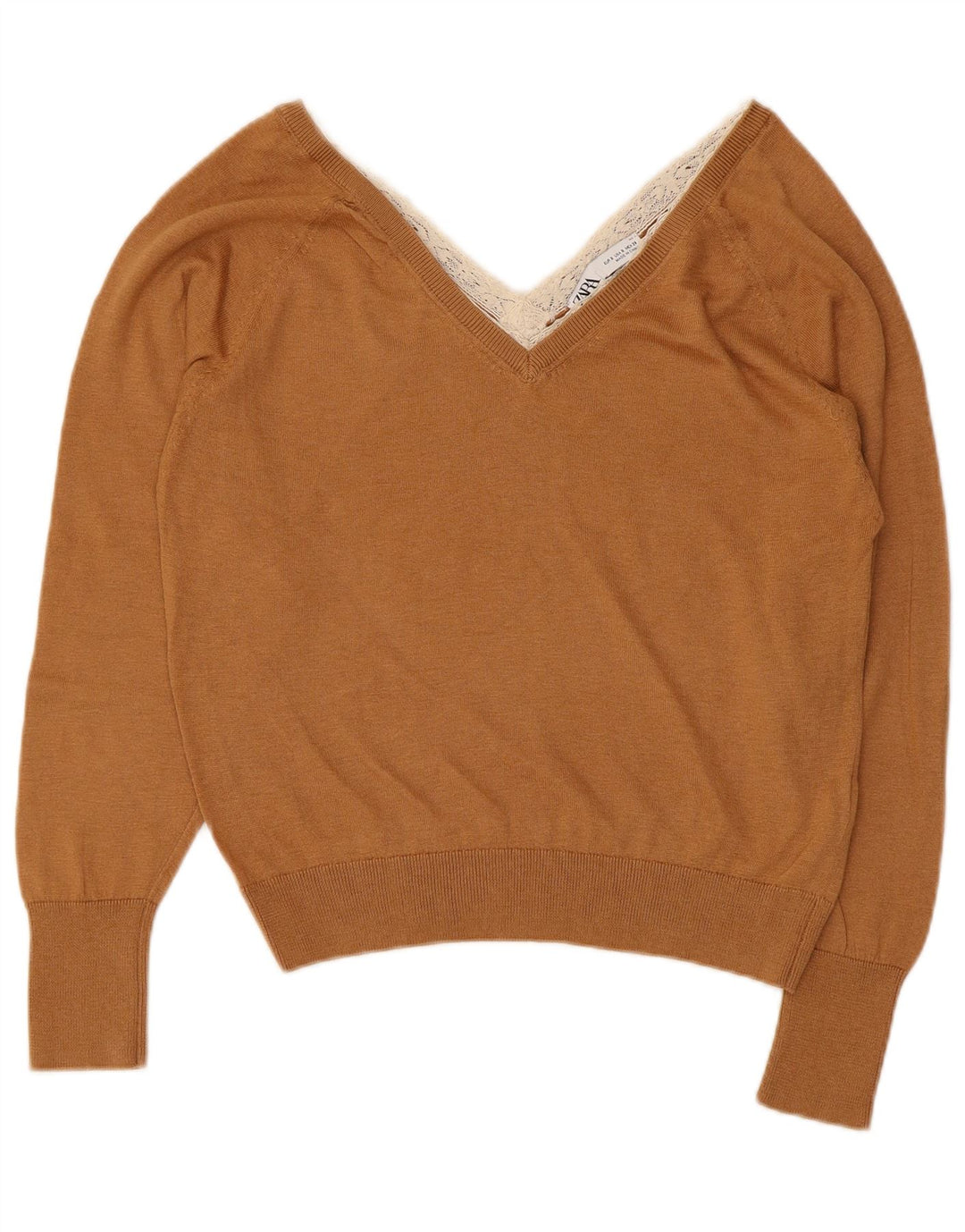 Zara Damen-Pullover mit V-Ausschnitt, UK 10, Größe S, braun, Lyocell