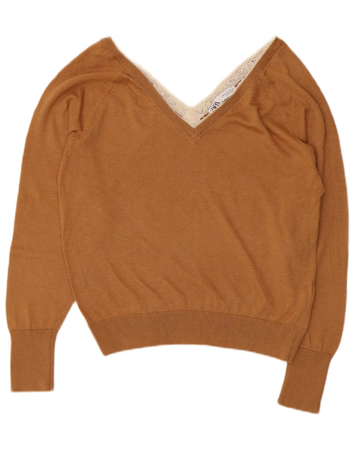 Zara Damen-Pullover mit V-Ausschnitt, UK 10, Größe S, braun, Lyocell