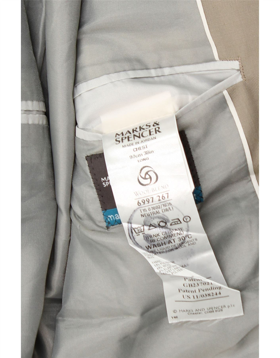 Marks & Spencer Herren-Blazer mit 2 Knöpfen, UK 38, mittelbeigefarbenes Polyester