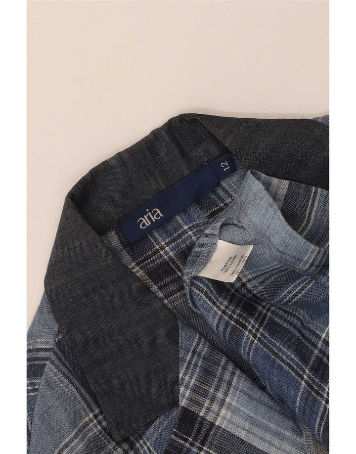 Aria Damen-Blazer mit 3 Knöpfen, UK 12, mittelblaues kariertes Leinen