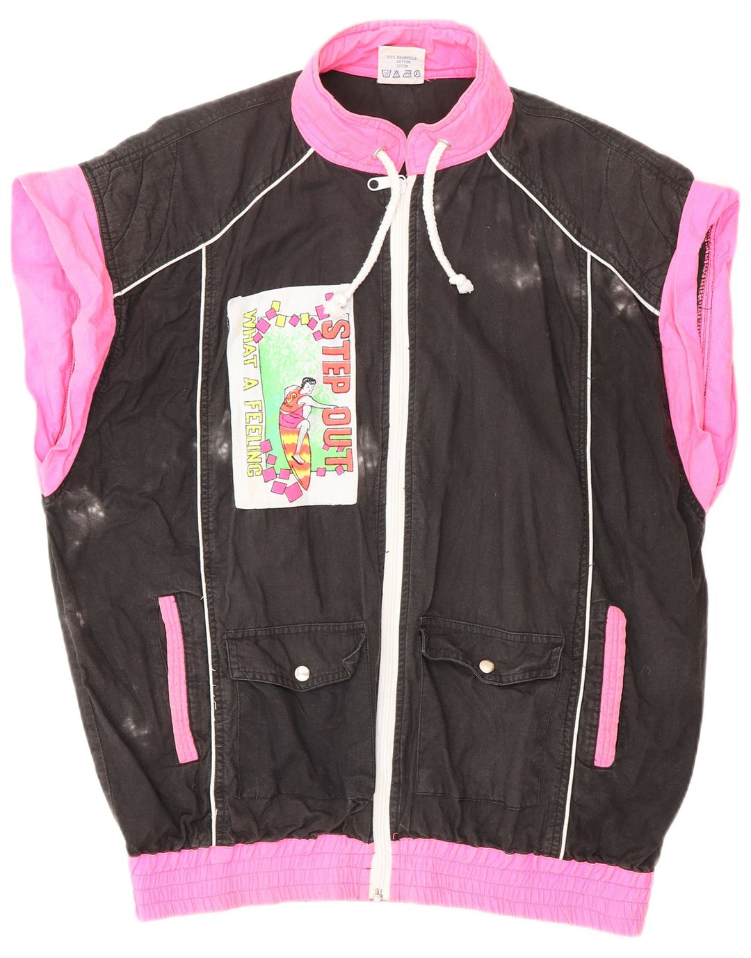 VINTAGE Damen-Trainingsanzugoberteil mit Grafik, UK 18, XL, Schwarz, Farbblock