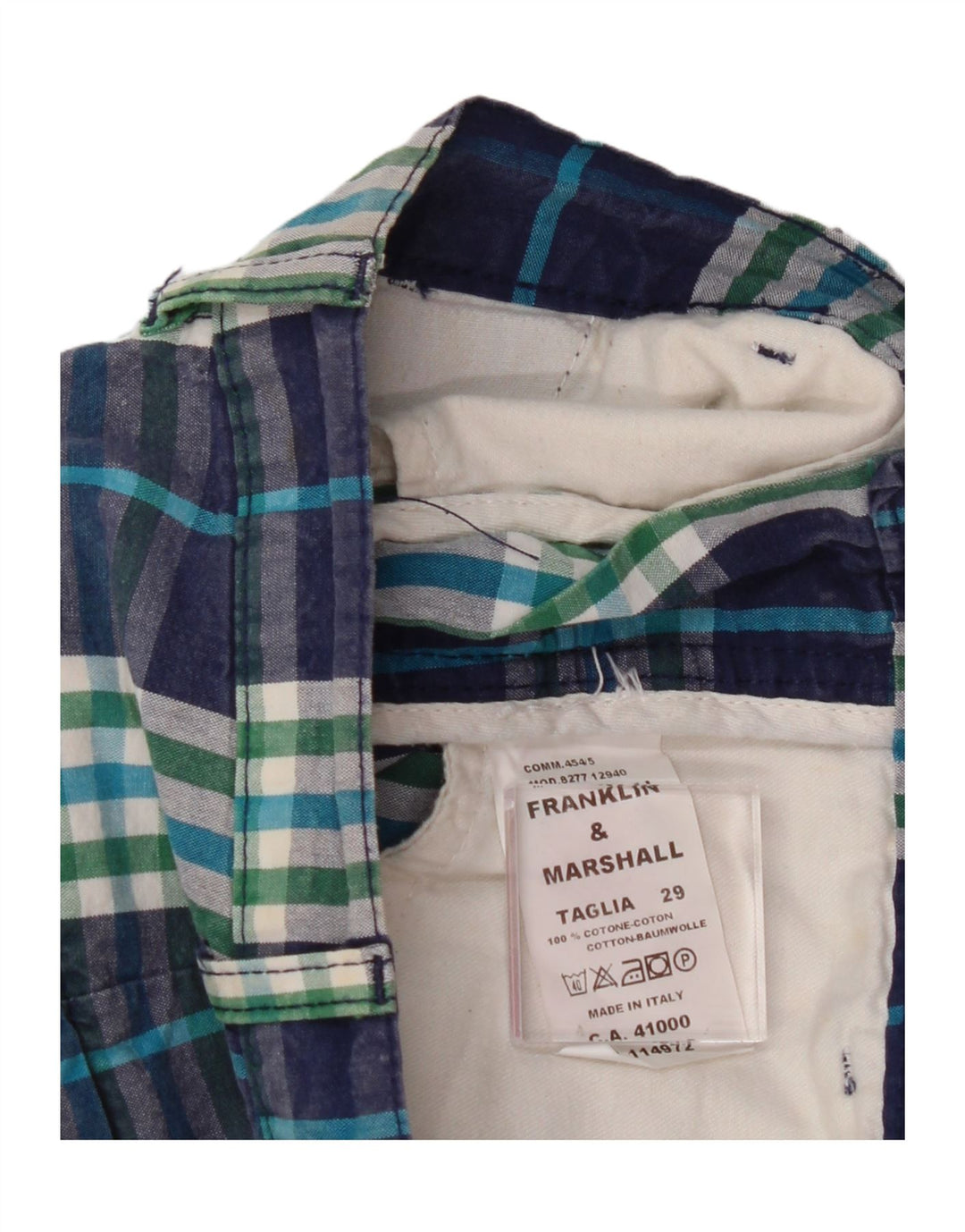 FRANKLIN & MARSHALL Mens Chino Shorts W29 Medium Blue Check Cotton Vintage Franklin & Marshall and Second-Hand Franklin & Marshall from Messina Hembry 