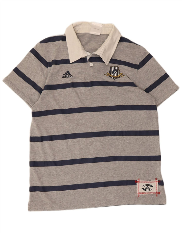 Adidas Herren-Rugby-Poloshirt mit Grafik, mittelgrau, gestreift, Polyester