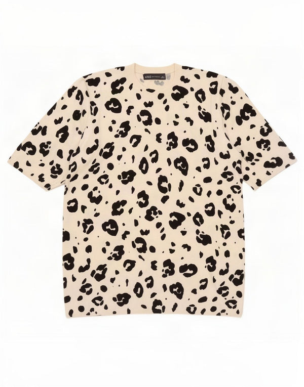 Marks & Spencer Damen T-Shirt Top UK 16 Large Weiße Viskose mit Animal-Print